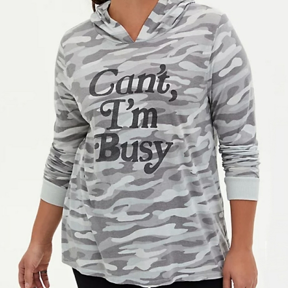 Torrid Top "Can't I'm Busy" Gray Camo Size 0 Large 12 Long Sleeve Hoodie Tee NWT - Picture 16 of 16